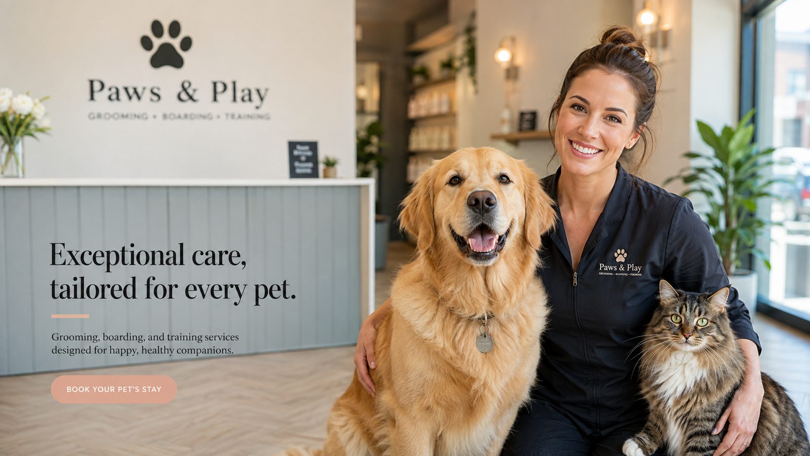 A Paws & Play groomer with a happy dog and cat