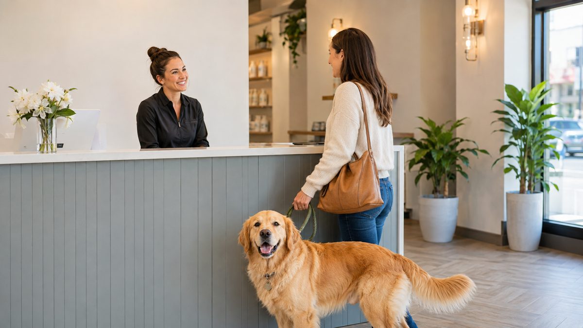 A dog checking in at the front desk
