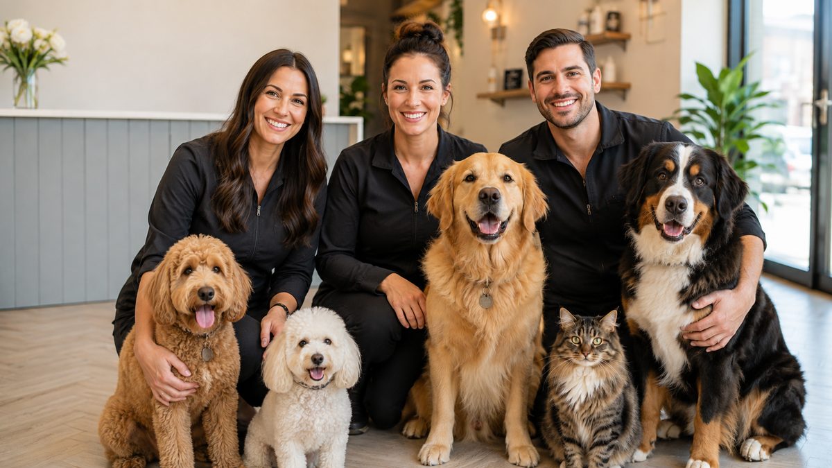 The Paws & Play team with their pets